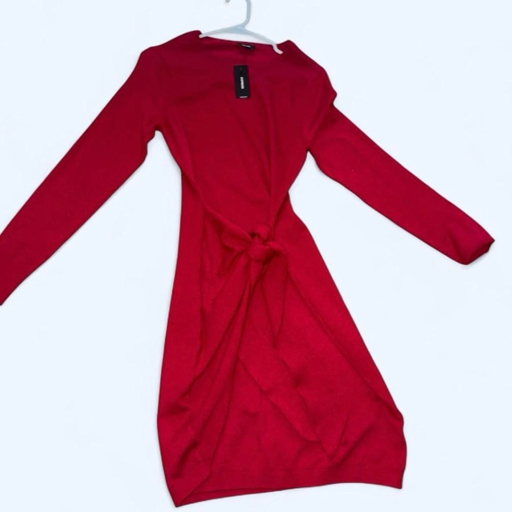 Express Red Long-Sleeve Knot Front Dress